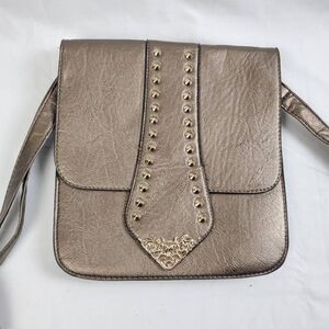 Bronze Studded Crossbody Purse Small Satchel Faux Leather with Gold Detail 11x9